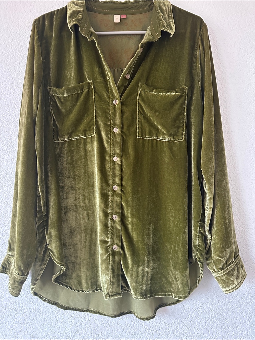 Pilcro Hadley green crushed velvet button down shirt!